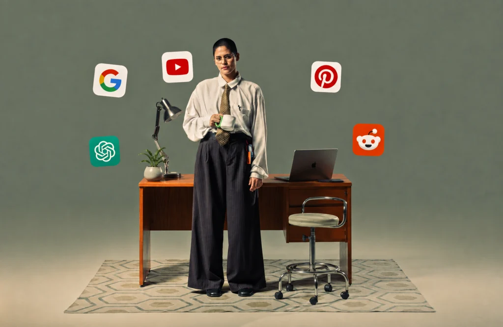 girl standing in-front, and icons floating depicts about Multi-Platform Strategy for SEO